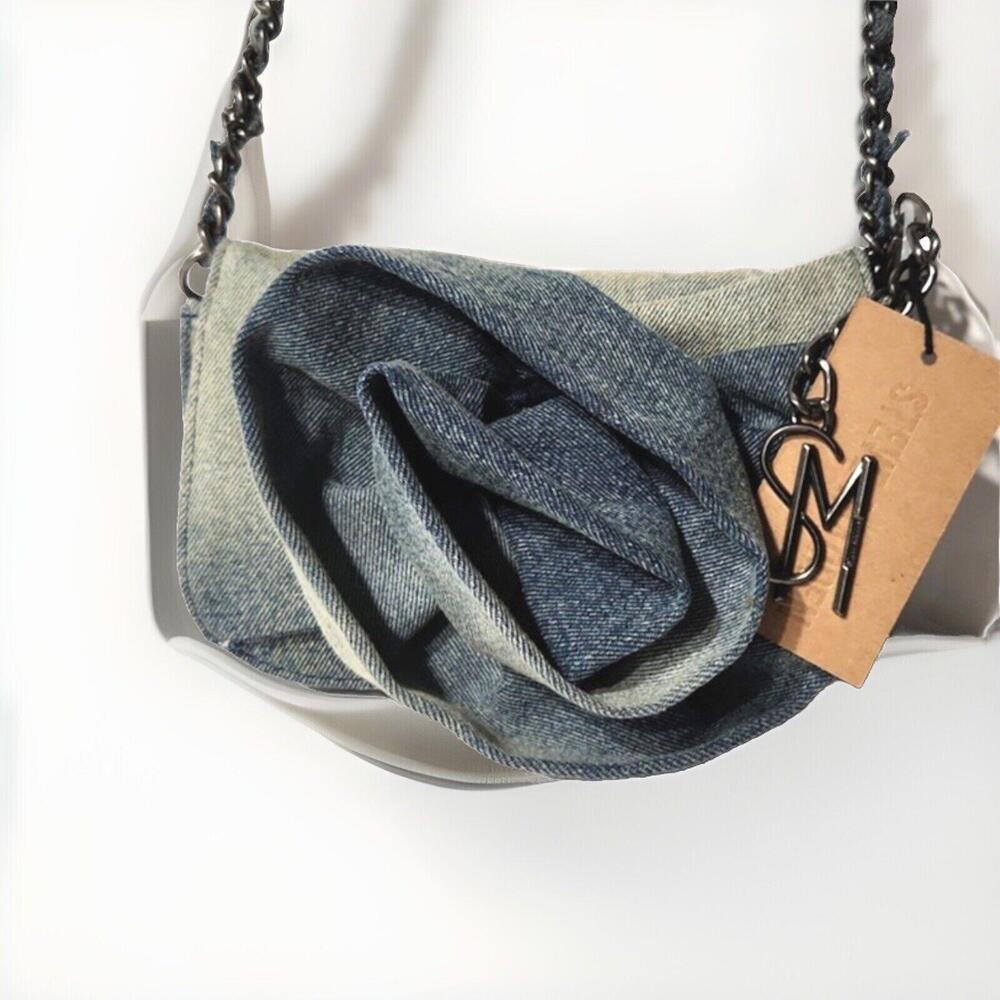 Steve Madden BORLA Washed Denim Crossbody Purse Bag with 3D Rose New With Tags